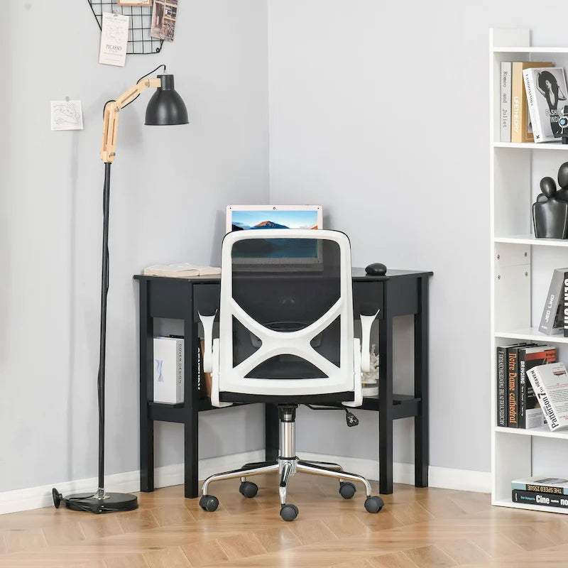 Bureau d'angle HOMCOM, bureau d'ordinateur triangulaire avec tiroir et étagères de rangement pour petit espace