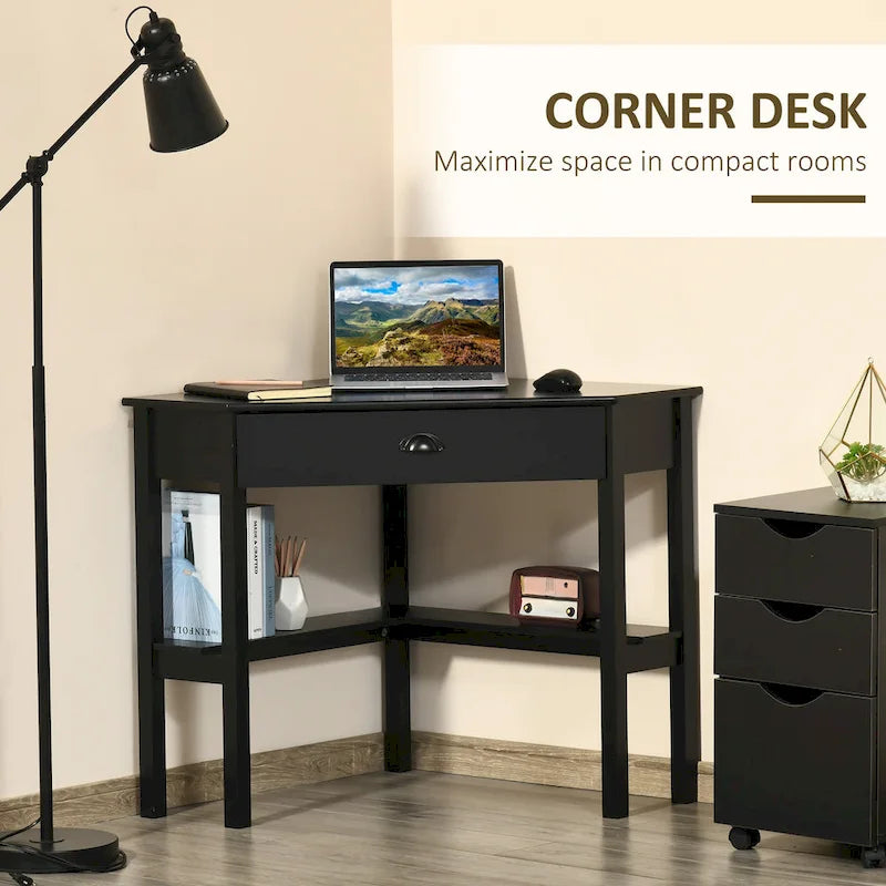 Bureau d'angle HOMCOM, bureau d'ordinateur triangulaire avec tiroir et étagères de rangement pour petit espace