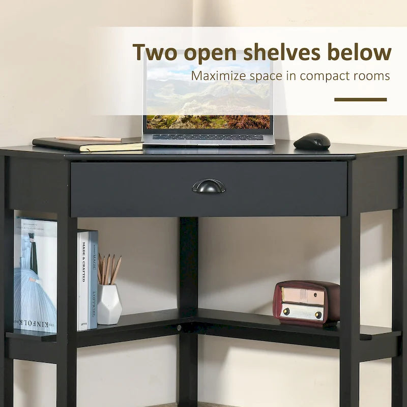 Bureau d'angle HOMCOM, bureau d'ordinateur triangulaire avec tiroir et étagères de rangement pour petit espace