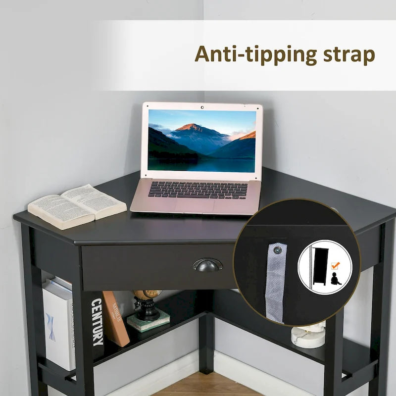 Bureau d'angle HOMCOM, bureau d'ordinateur triangulaire avec tiroir et étagères de rangement pour petit espace