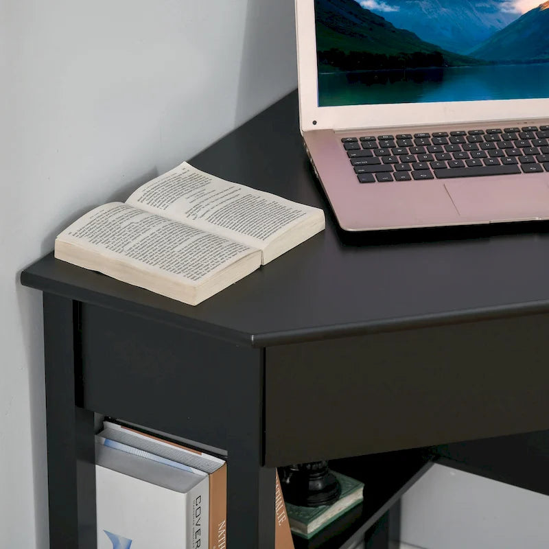 Bureau d'angle HOMCOM, bureau d'ordinateur triangulaire avec tiroir et étagères de rangement pour petit espace