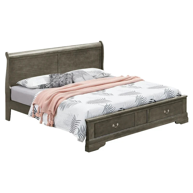 Lit traîneau queen en bois Louis Philippe avec rangement