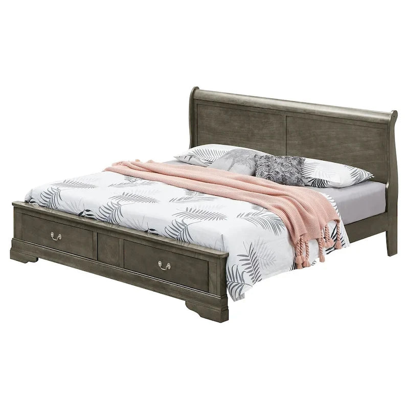 Lit traîneau queen en bois Louis Philippe avec rangement