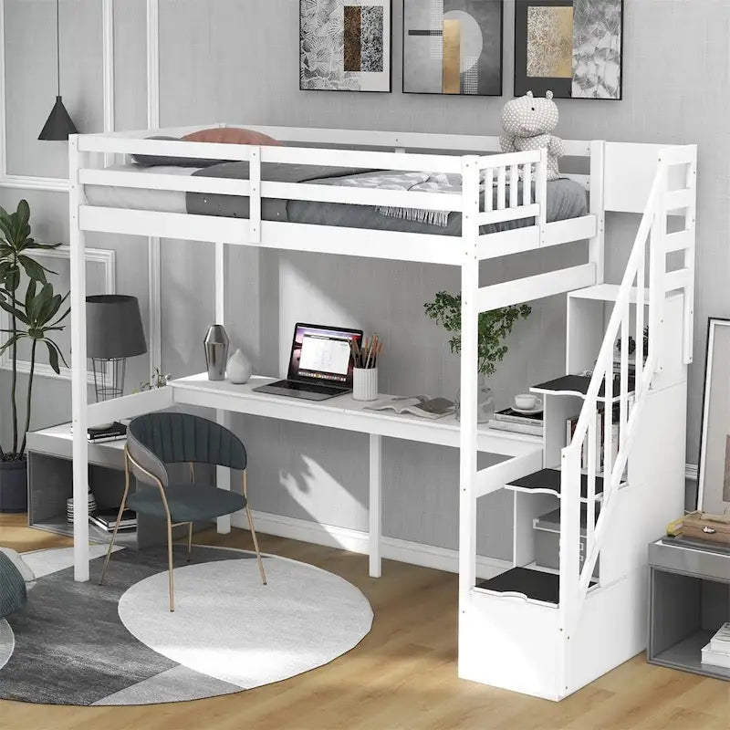 Lit mezzanine Merax pour jumeaux avec escalier et bureau intégré