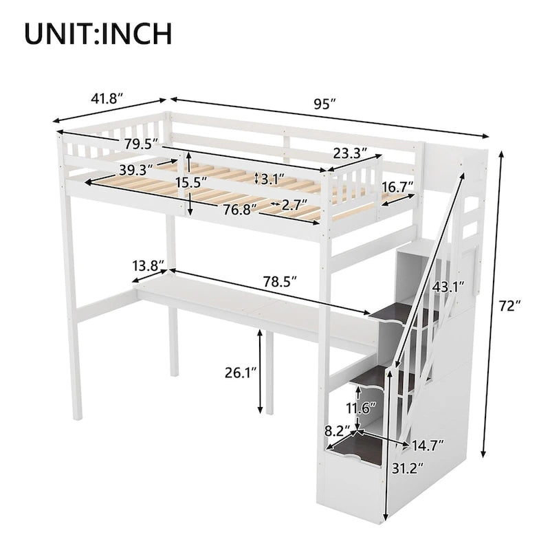 Lit mezzanine Merax pour jumeaux avec escalier et bureau intégré