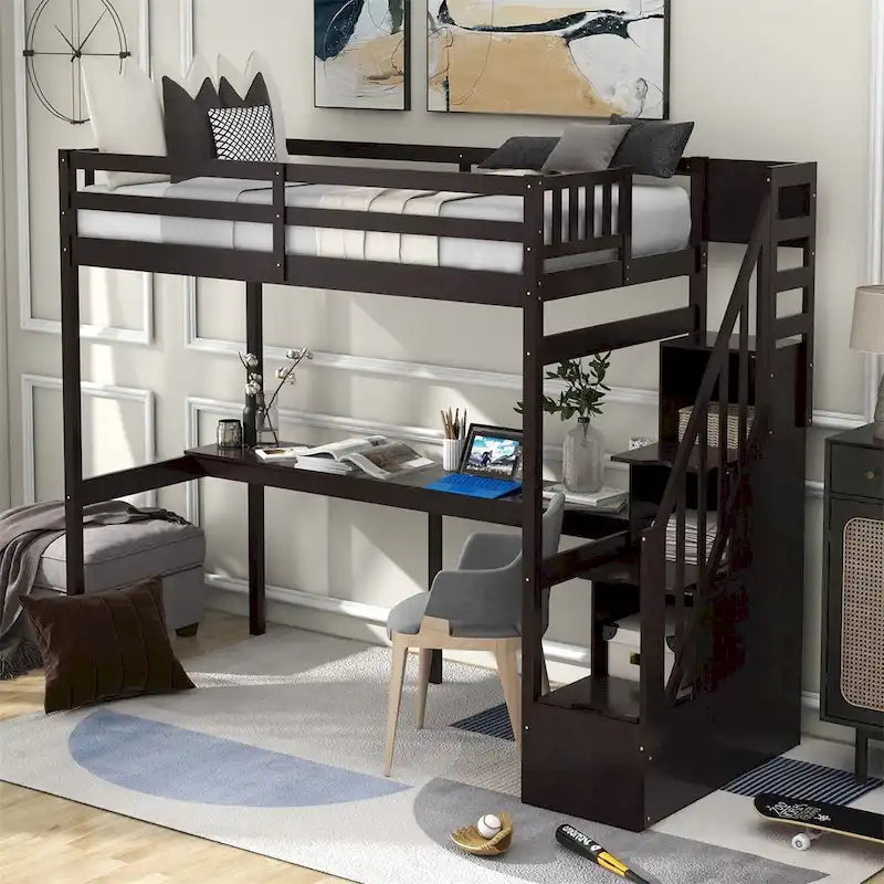 Lit mezzanine Merax pour jumeaux avec escalier et bureau intégré