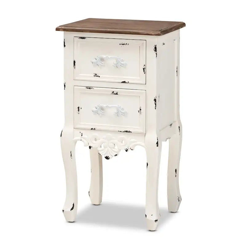 Table d'appoint à 2 tiroirs en bois, finition noyer bicolore marron et blanc antique, style classique et traditionnel, par Baxton Studio Levron
