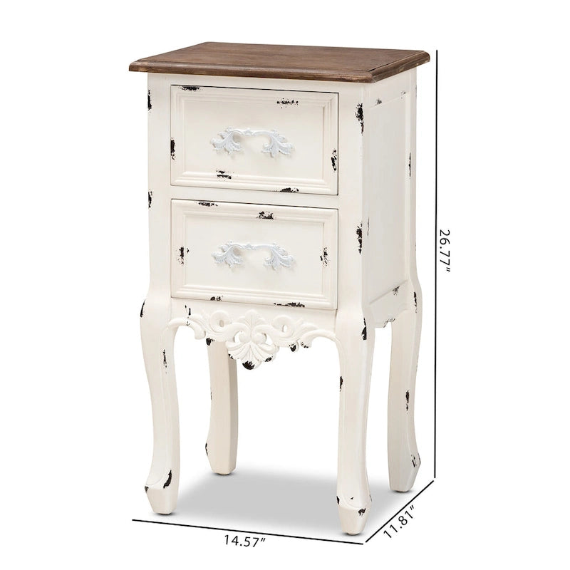 Table d'appoint à 2 tiroirs en bois, finition noyer bicolore marron et blanc antique, style classique et traditionnel, par Baxton Studio Levron