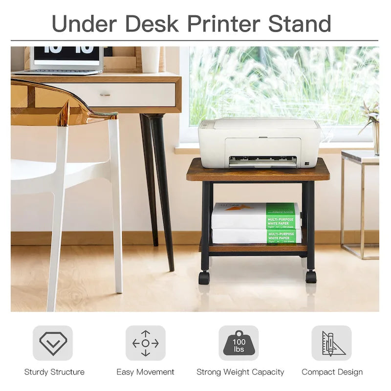Meuble de Rangement à Roulettes pour Imprimante à 2 Niveaux Sous le Bureau avec Roues