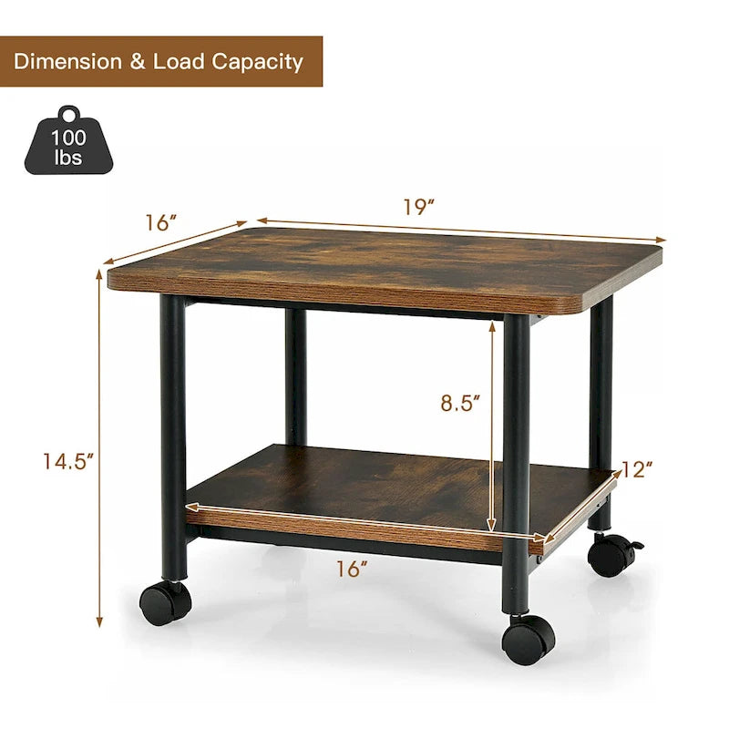 Meuble de Rangement à Roulettes pour Imprimante à 2 Niveaux Sous le Bureau avec Roues