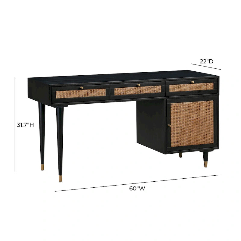 Bureau Sierra 3 tiroirs en bois et rotin