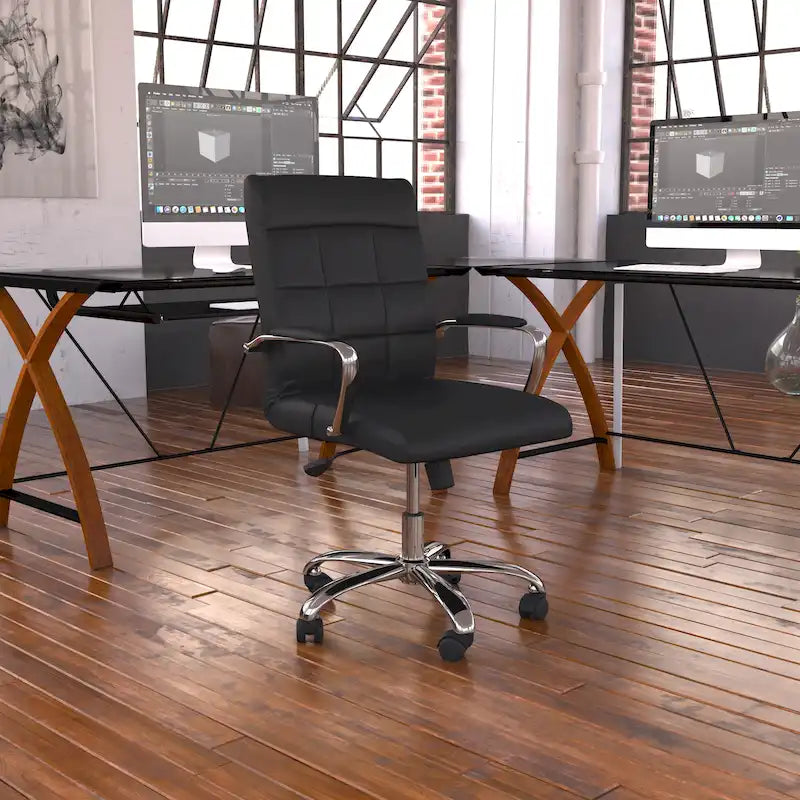 Fauteuil de bureau de direction pivotant en chrome et vinyle à dossier mi-haut