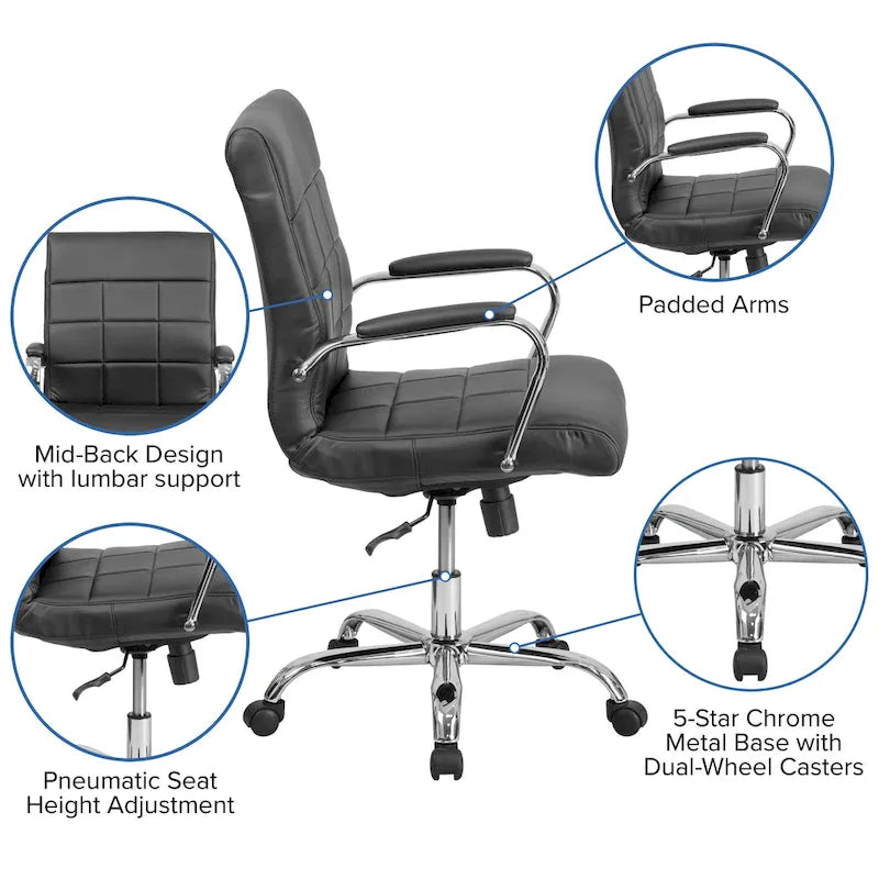 Fauteuil de bureau de direction pivotant en chrome et vinyle à dossier mi-haut