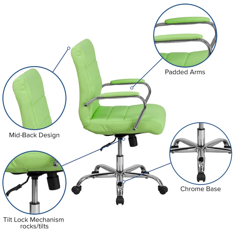 Fauteuil de bureau de direction pivotant en chrome et vinyle à dossier mi-haut