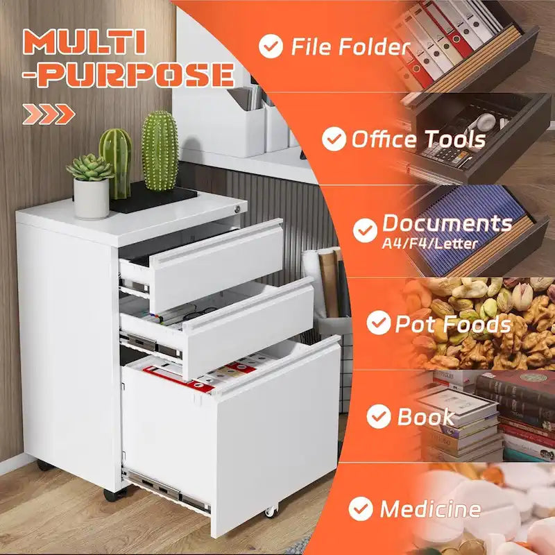 Meuble de classement mobile à 3 tiroirs, meuble de rangement verrouillable