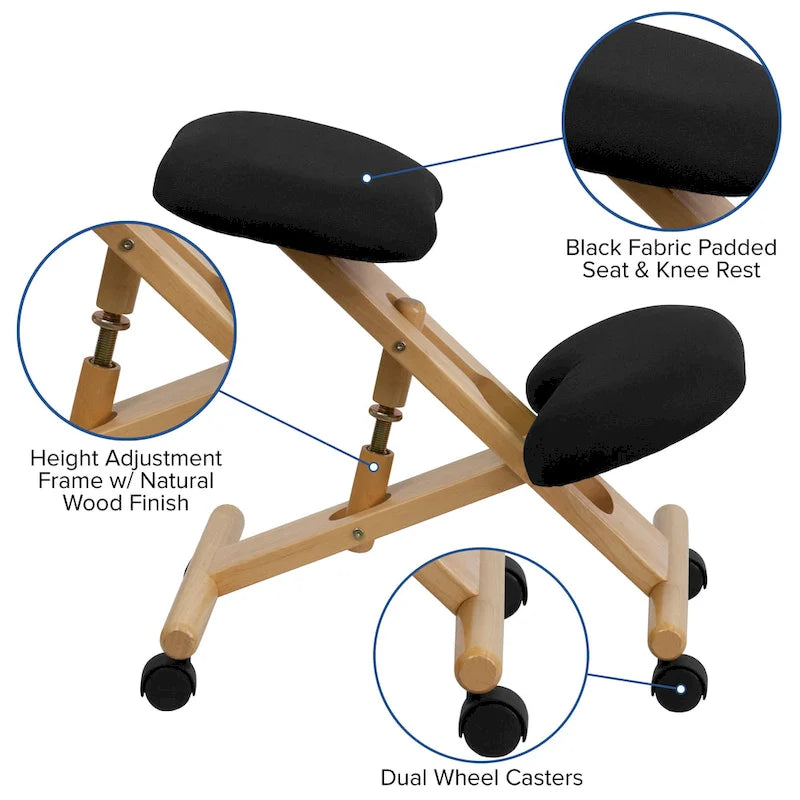Chaise de bureau ergonomique mobile à genoux en bois et tissu