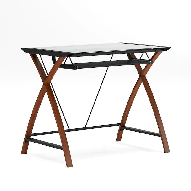 Bureau d'ordinateur moderne avec plateau en verre et tablette coulissante pour clavier