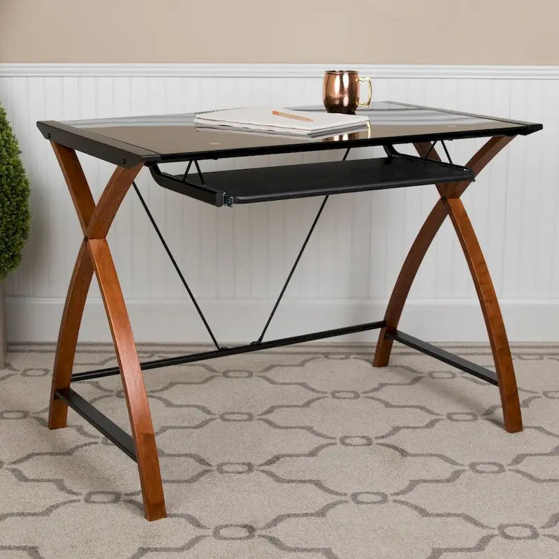 Bureau d'ordinateur moderne avec plateau en verre et tablette coulissante pour clavier