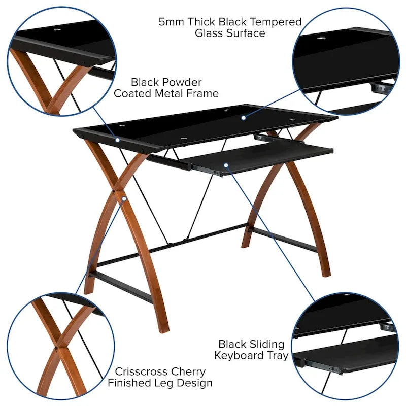 Bureau d'ordinateur moderne avec plateau en verre et tablette coulissante pour clavier