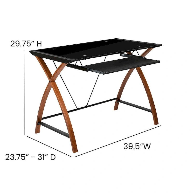 Bureau d'ordinateur moderne avec plateau en verre et tablette coulissante pour clavier