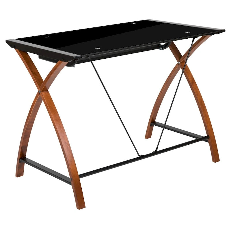 Bureau d'ordinateur moderne avec plateau en verre et tablette coulissante pour clavier