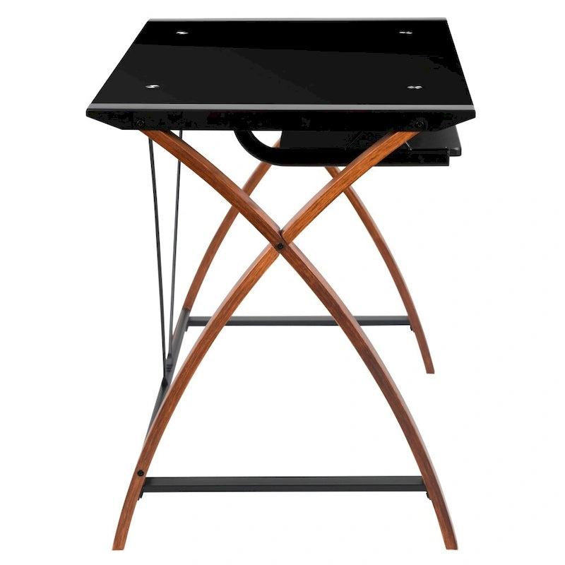 Bureau d'ordinateur moderne avec plateau en verre et tablette coulissante pour clavier