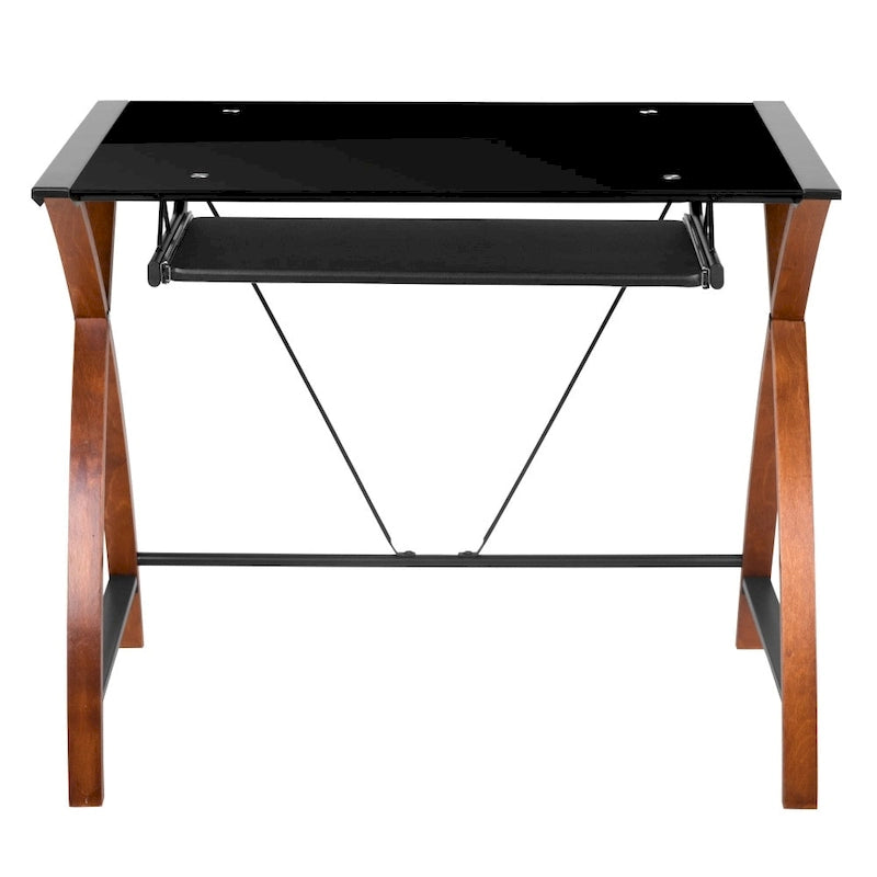 Bureau d'ordinateur moderne avec plateau en verre et tablette coulissante pour clavier