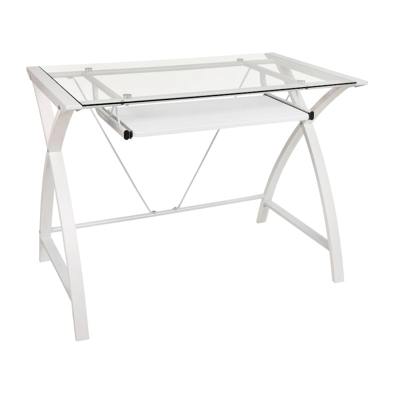 Bureau d'ordinateur moderne avec plateau en verre et tablette coulissante pour clavier