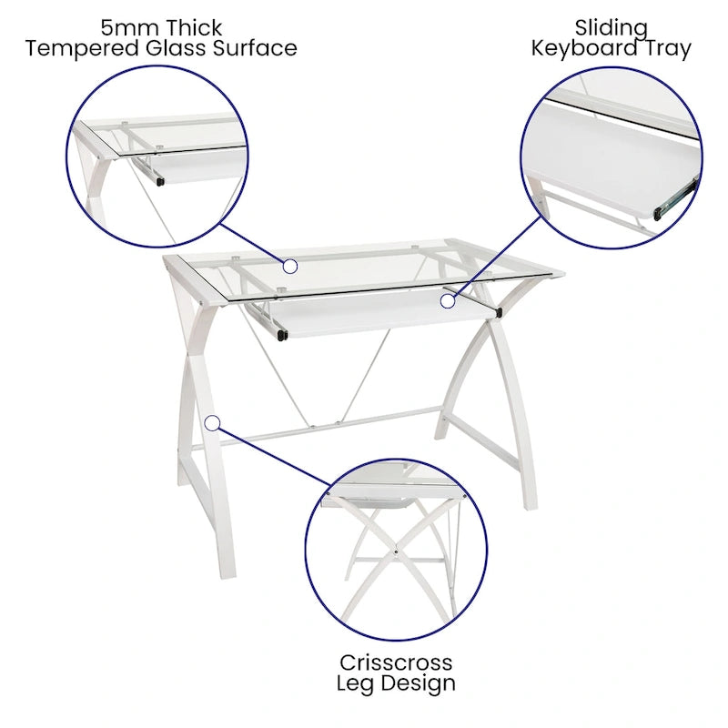 Bureau d'ordinateur moderne avec plateau en verre et tablette coulissante pour clavier