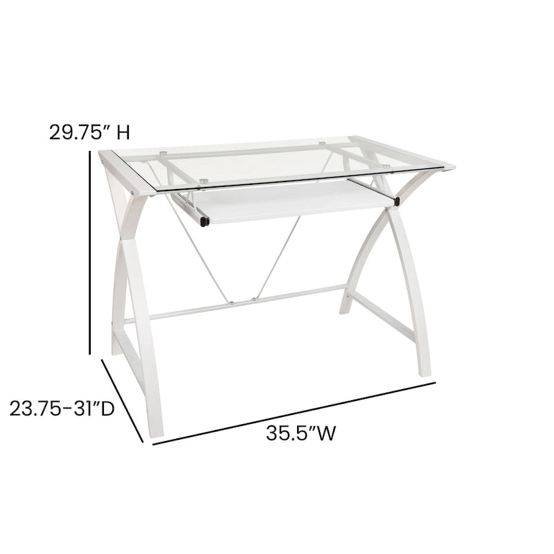 Bureau d'ordinateur moderne avec plateau en verre et tablette coulissante pour clavier