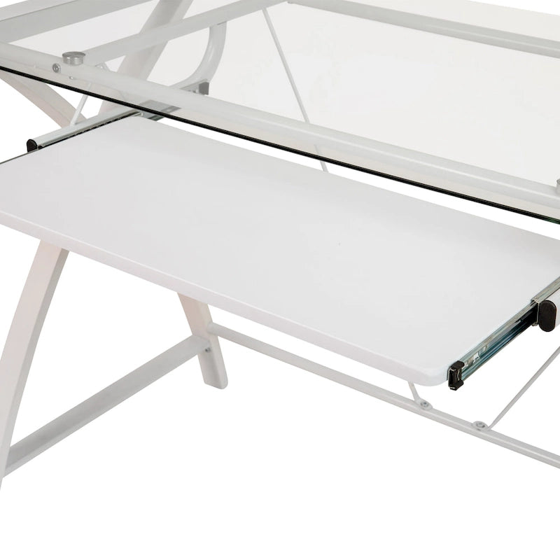 Bureau d'ordinateur moderne avec plateau en verre et tablette coulissante pour clavier