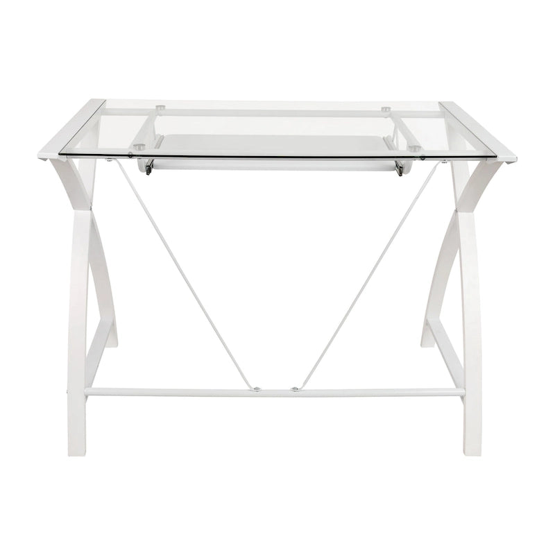 Bureau d'ordinateur moderne avec plateau en verre et tablette coulissante pour clavier