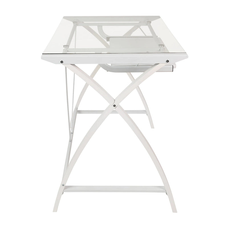 Bureau d'ordinateur moderne avec plateau en verre et tablette coulissante pour clavier