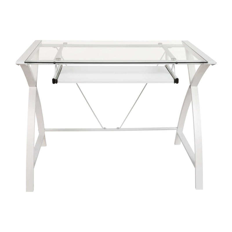 Bureau d'ordinateur moderne avec plateau en verre et tablette coulissante pour clavier
