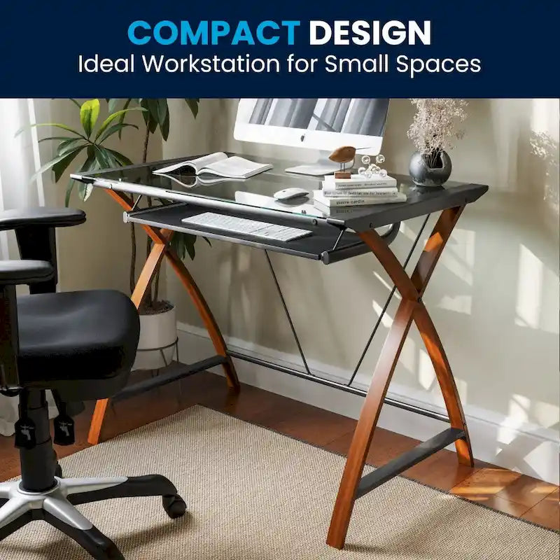Bureau d'ordinateur moderne avec plateau en verre et tablette coulissante pour clavier
