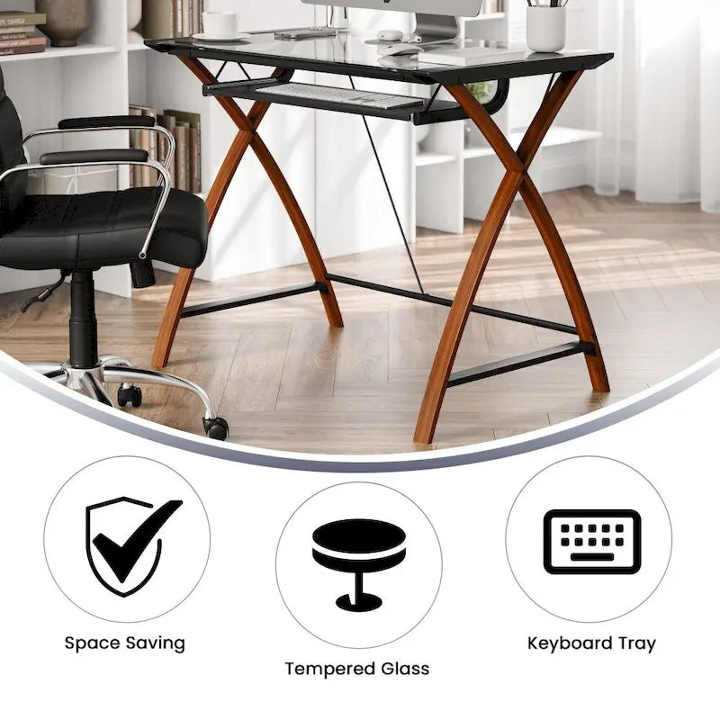 Bureau d'ordinateur moderne avec plateau en verre et tablette coulissante pour clavier