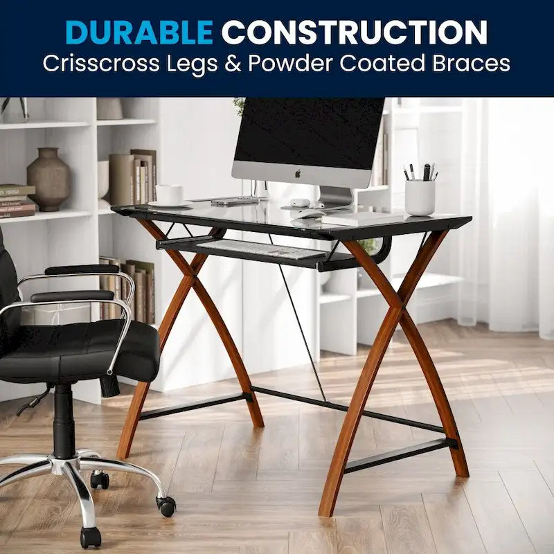 Bureau d'ordinateur moderne avec plateau en verre et tablette coulissante pour clavier