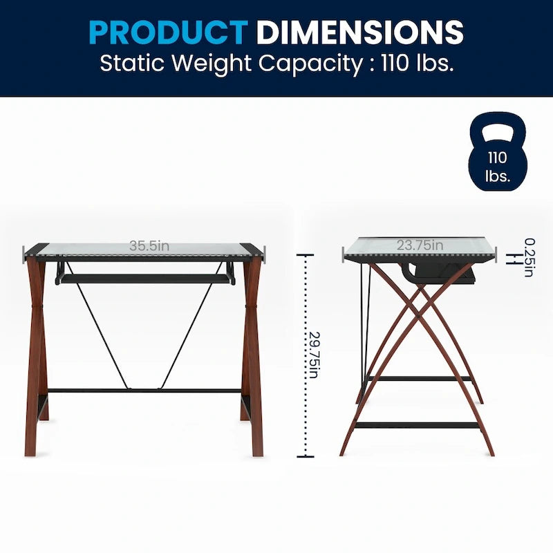 Bureau d'ordinateur moderne avec plateau en verre et tablette coulissante pour clavier