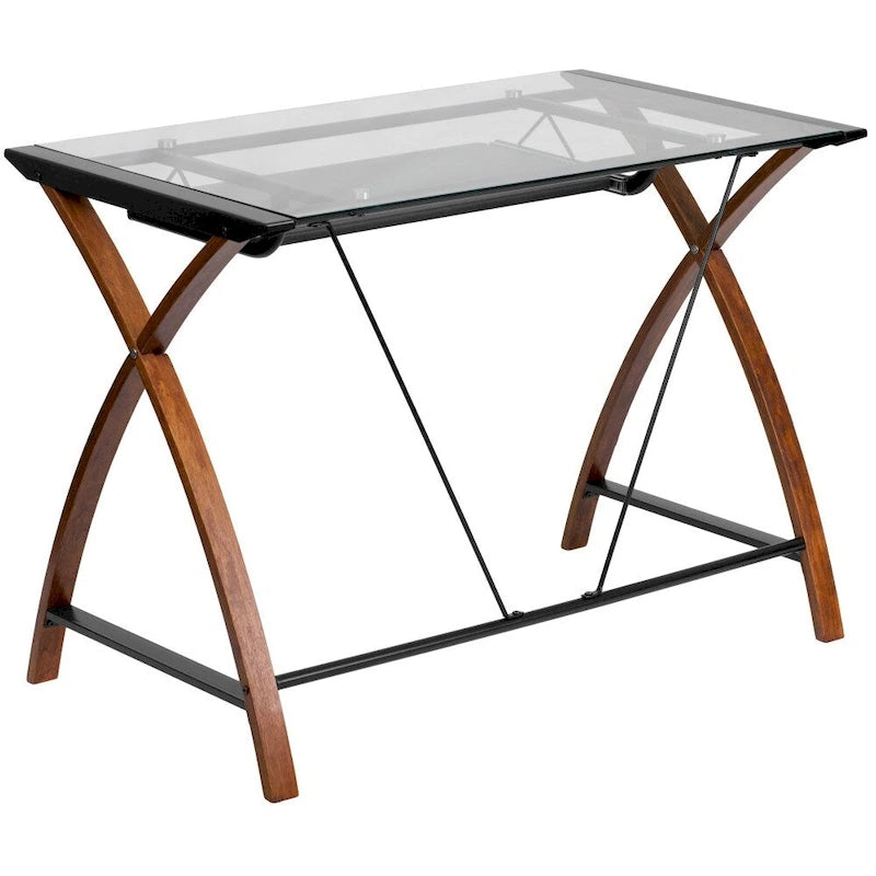 Bureau d'ordinateur moderne avec plateau en verre et tablette coulissante pour clavier