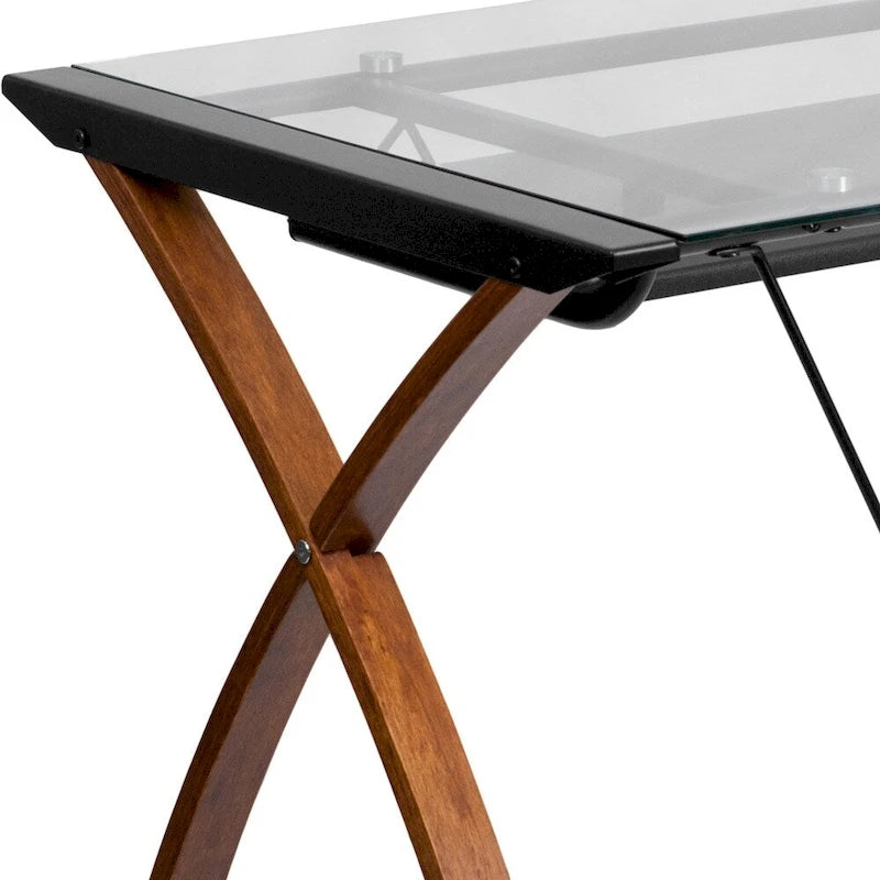 Bureau d'ordinateur moderne avec plateau en verre et tablette coulissante pour clavier