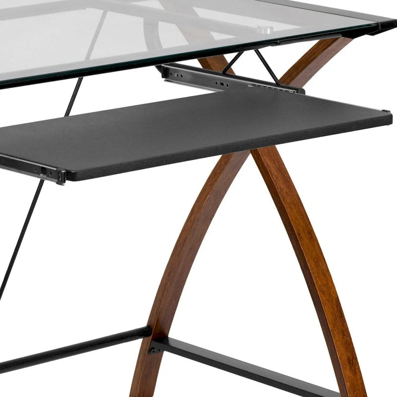 Bureau d'ordinateur moderne avec plateau en verre et tablette coulissante pour clavier