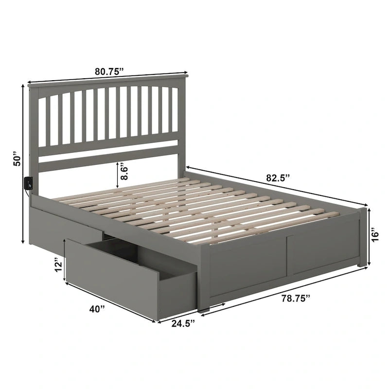 Lit plateforme Mission King avec 2 tiroirs en gris