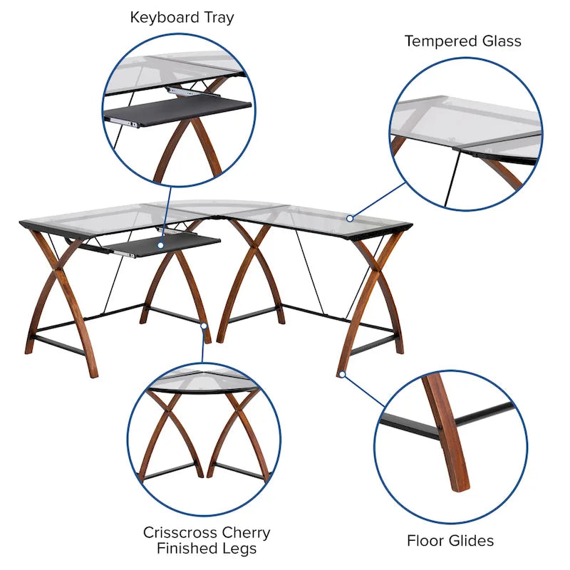 Bureau d'angle en L en verre pour ordinateur avec plateau de clavier coulissant