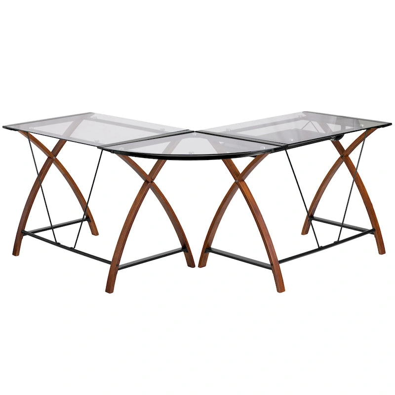 Bureau d'angle en L en verre pour ordinateur avec plateau de clavier coulissant