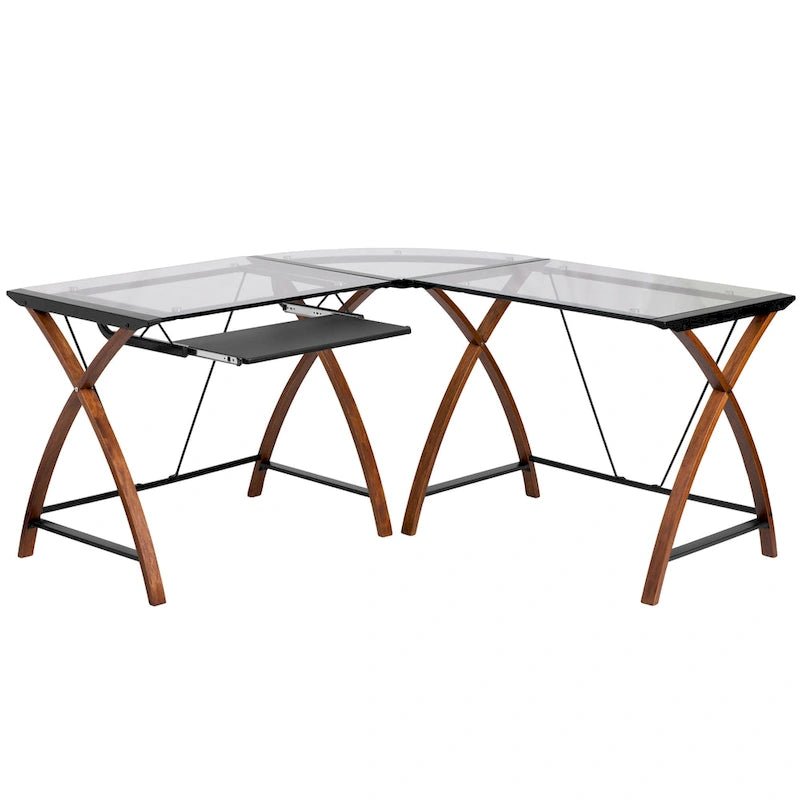 Bureau d'angle en L en verre pour ordinateur avec plateau de clavier coulissant