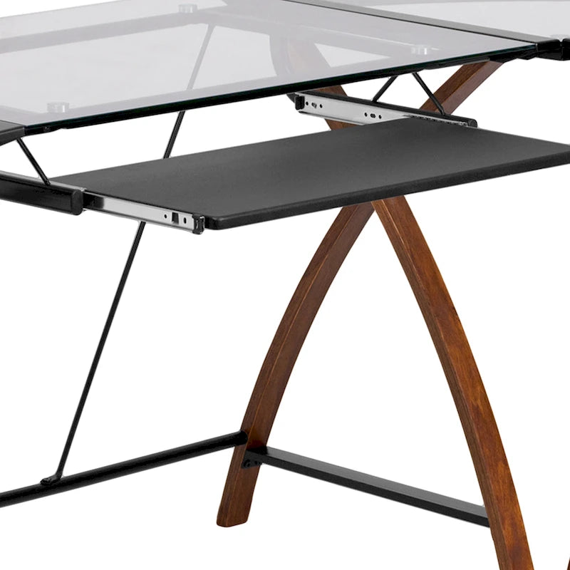 Bureau d'angle en L en verre pour ordinateur avec plateau de clavier coulissant