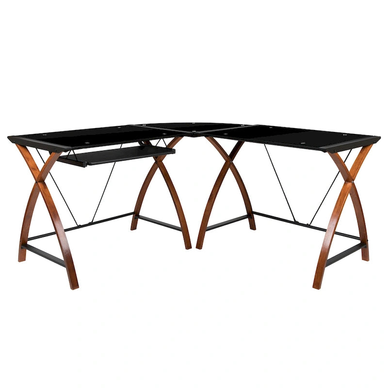 Bureau d'angle en L en verre pour ordinateur avec plateau de clavier coulissant