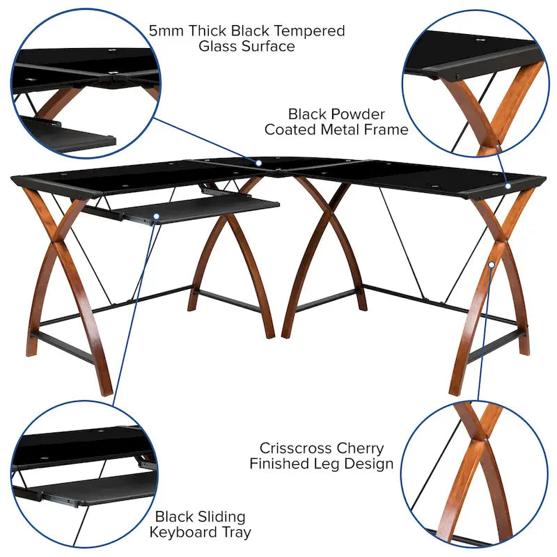 Bureau d'angle en L en verre pour ordinateur avec plateau de clavier coulissant
