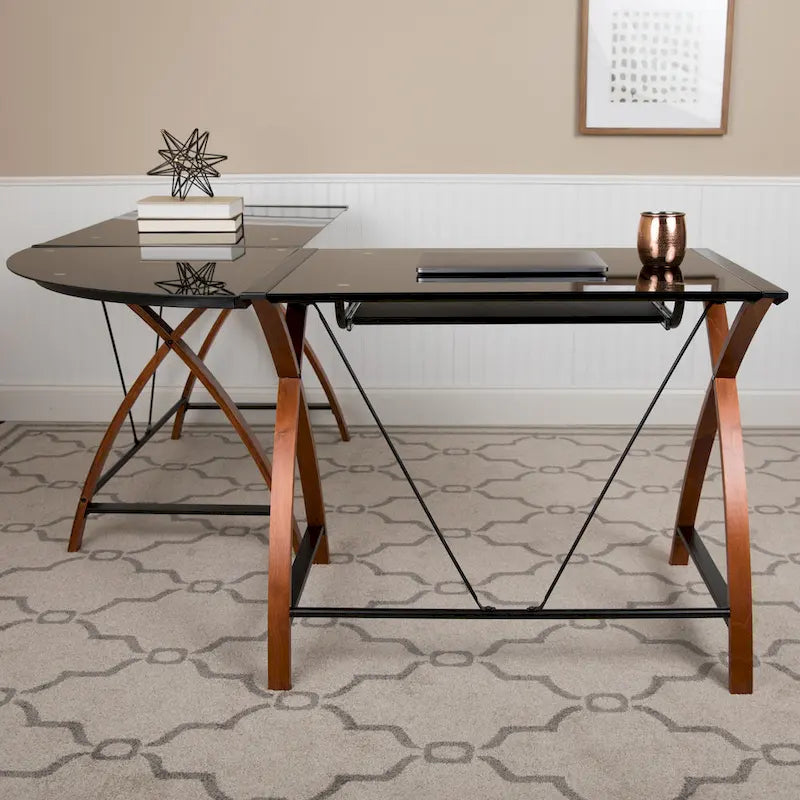 Bureau d'angle en L en verre pour ordinateur avec plateau de clavier coulissant