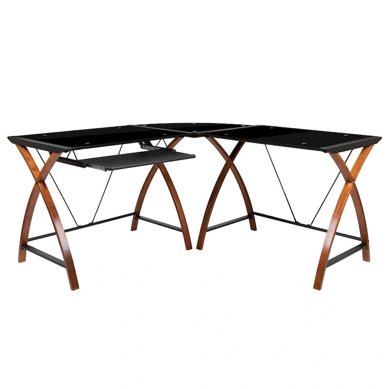 Bureau d'angle en L en verre pour ordinateur avec plateau de clavier coulissant